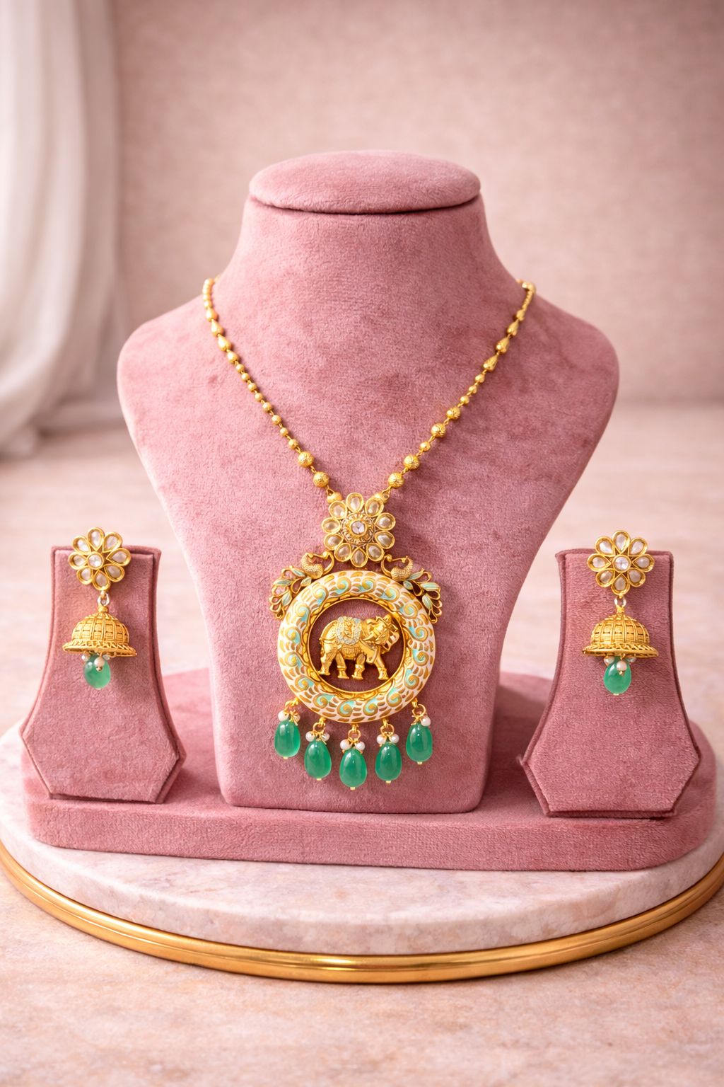 Royal Elephant Empress Gold Finish Temple Necklace Set with Green Drops