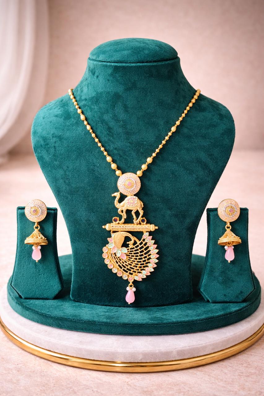 Royal Peacock Caravan Gold Finish Pendant Set with Pink Stone Drop