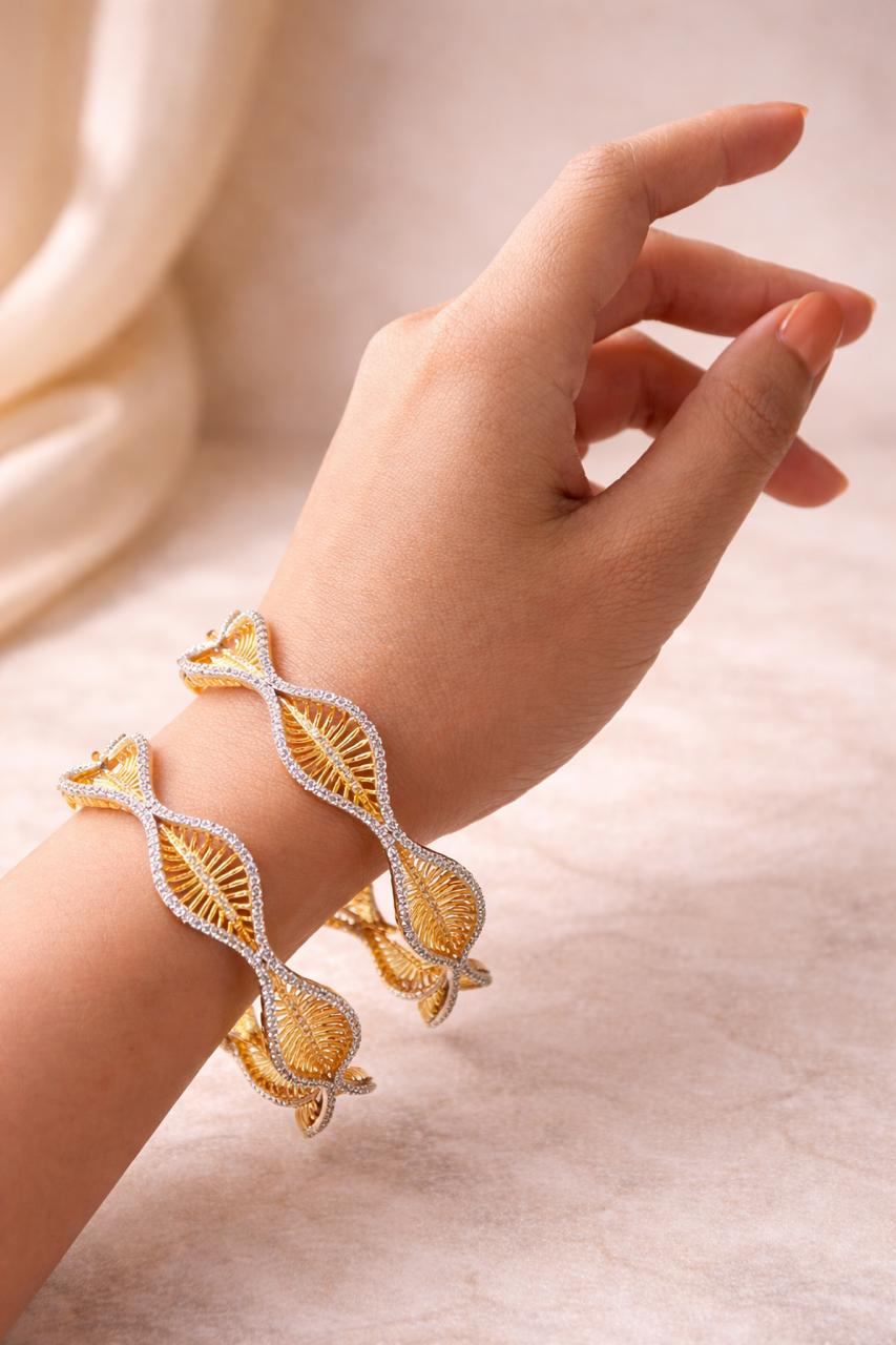 Golden Leaf Wave Real Gold Finish Diamond Look Bangles Set