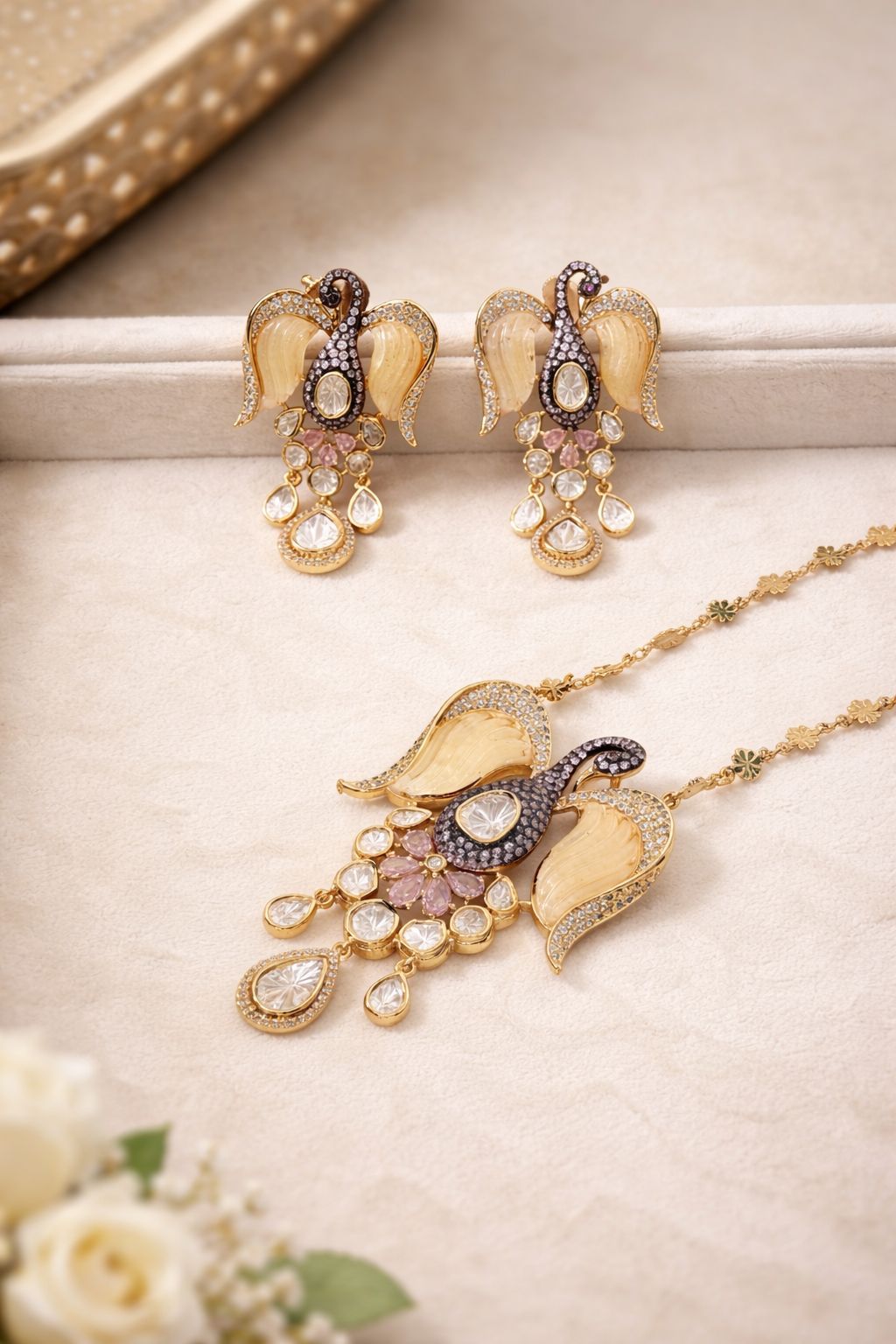 Ivory Swan Elegance Real Diamond Polki Look Pendant Set
