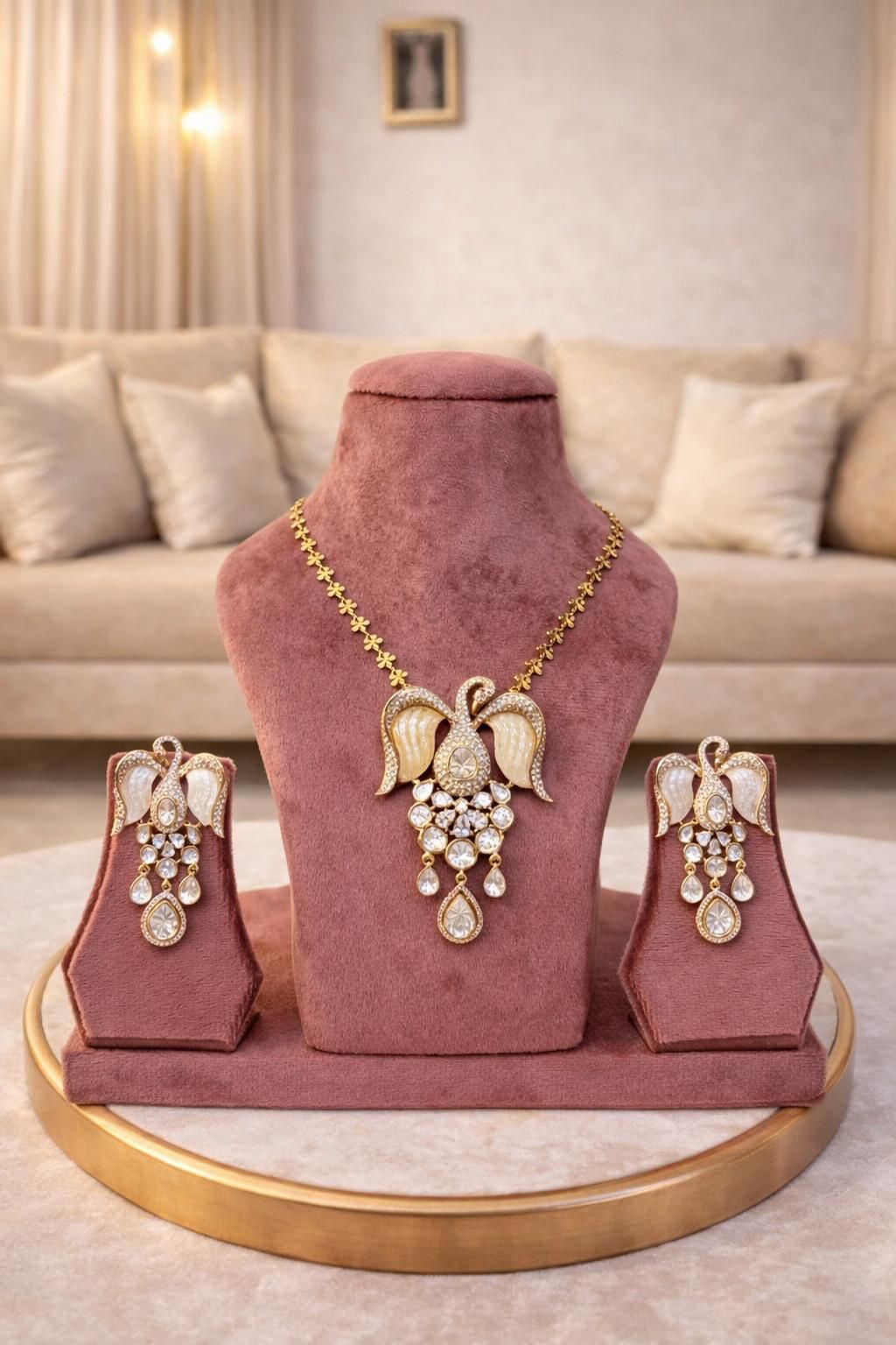 Ivory Bloom Real Diamond Polki Look Statement Pendant Set