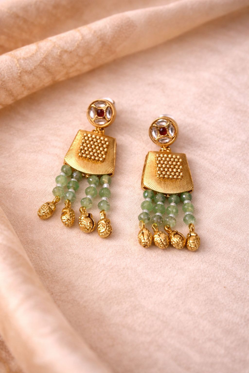 Heirloom Mint Real Gold Finish Temple Necklace Set with Green Beads