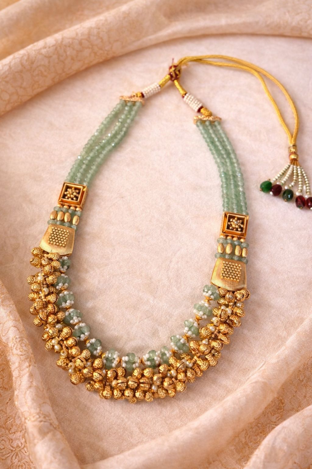 Heirloom Mint Real Gold Finish Temple Necklace Set with Green Beads