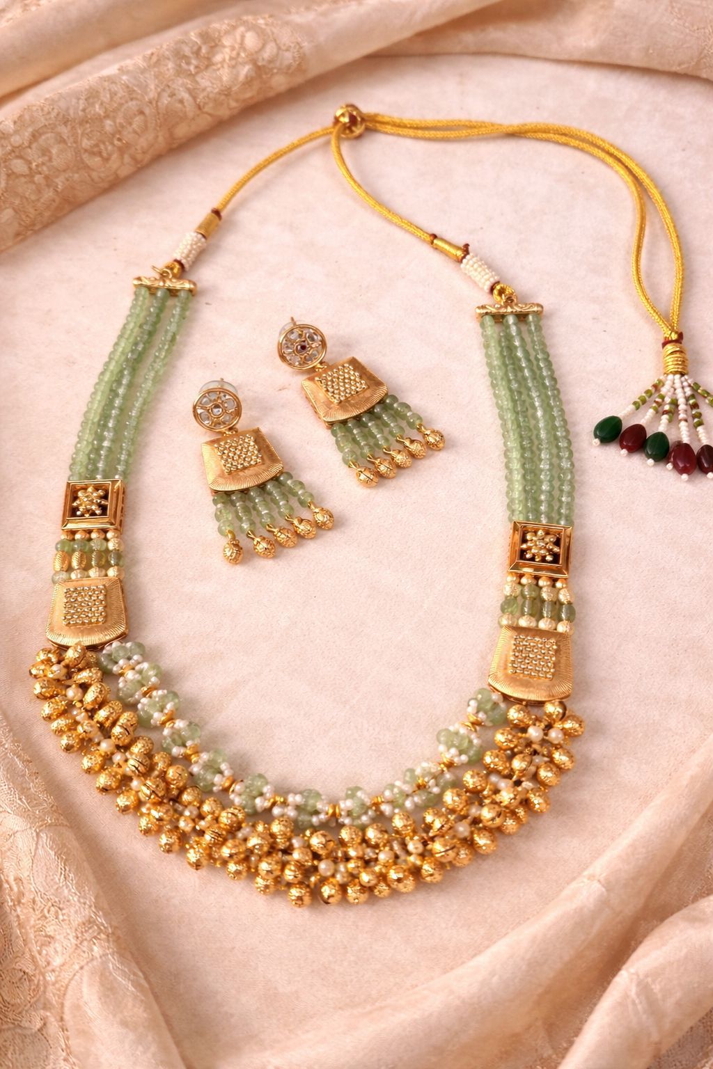 Heirloom Mint Real Gold Finish Temple Necklace Set with Green Beads