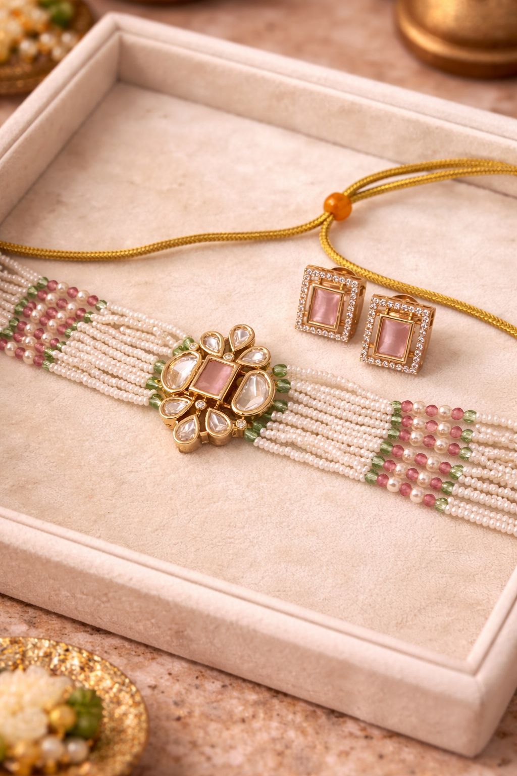 Blush Pearl Regal Real Polki Look Choker Set with Multi Pearl Strands