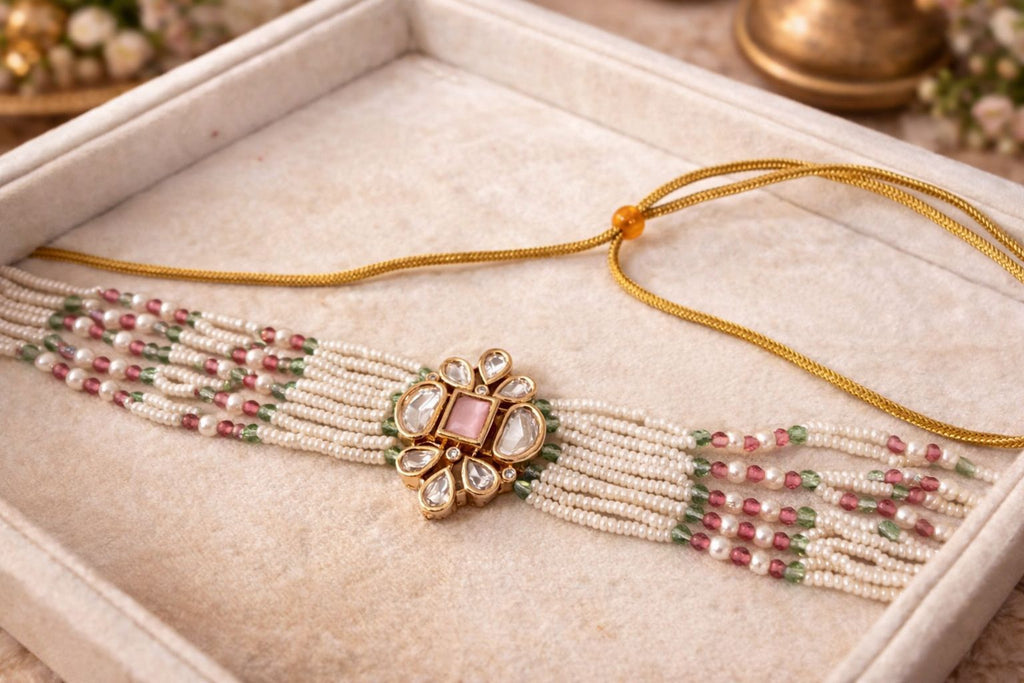 Blush Pearl Regal Real Polki Look Choker Set with Multi Pearl Strands