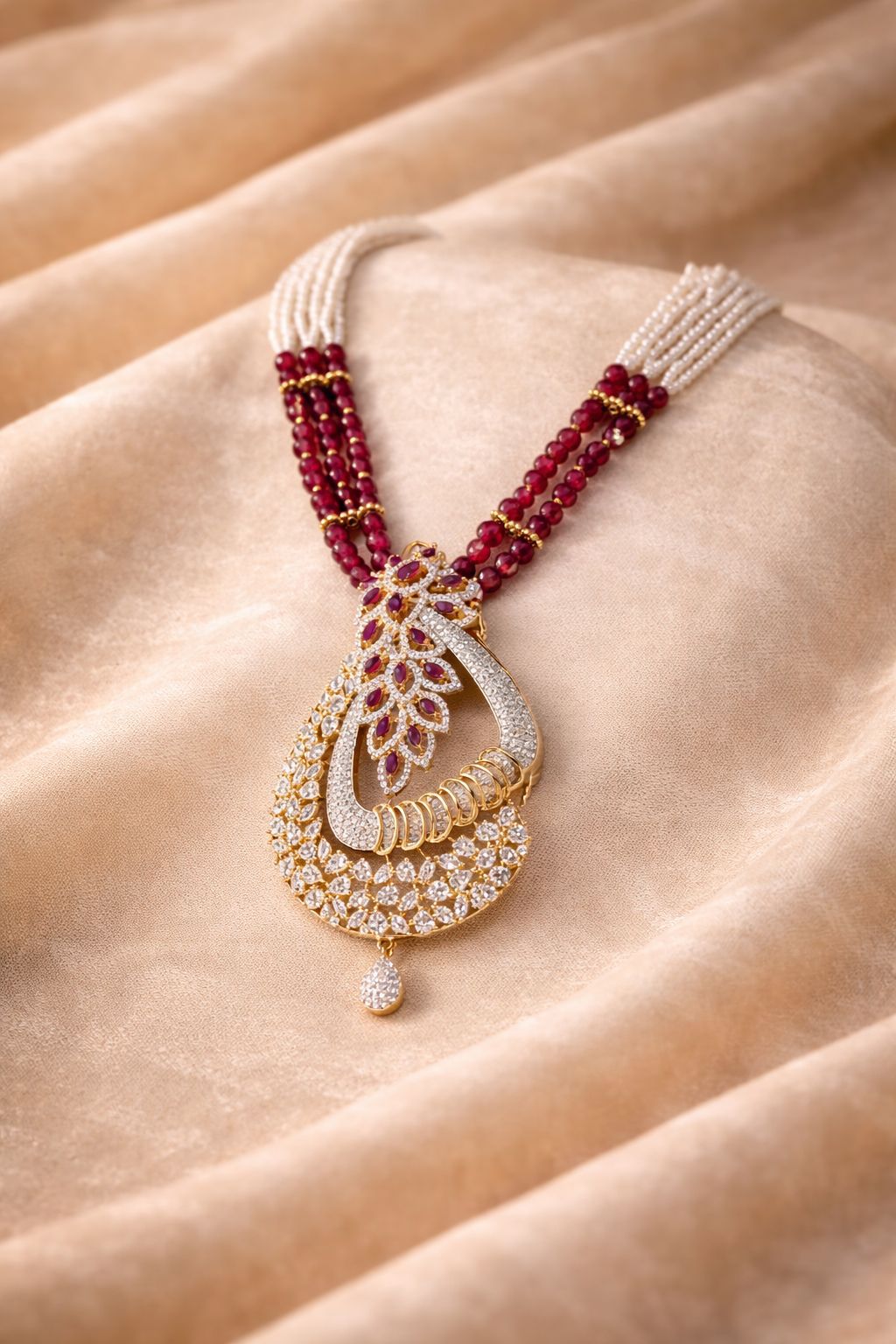 Ruby Royale Real Diamond Look Statement Necklace Set with Ruby Beads