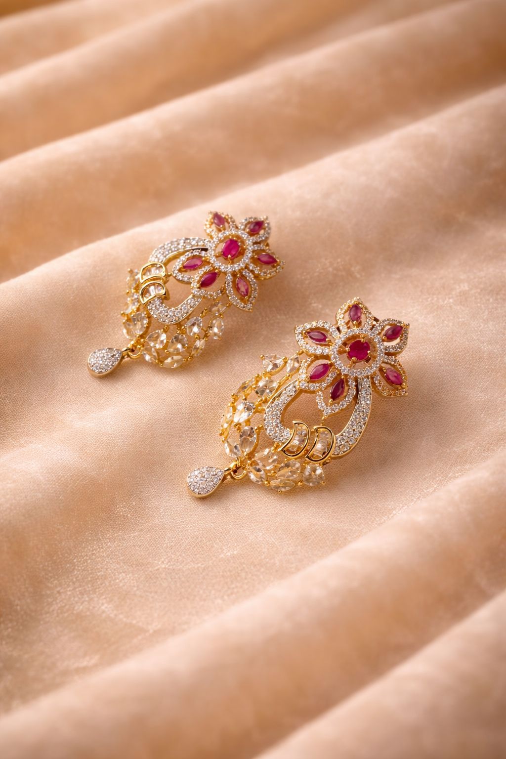 Ruby Royale Real Diamond Look Statement Necklace Set with Ruby Beads
