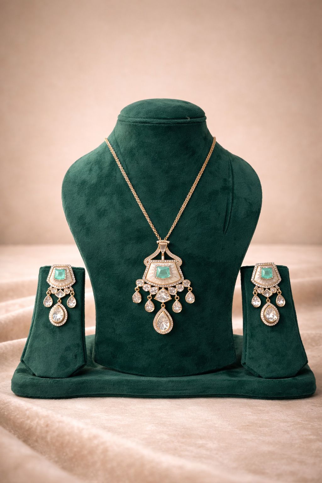Celestia Sage Real Diamond Polki Look Pendant Set with Pastel Stone
