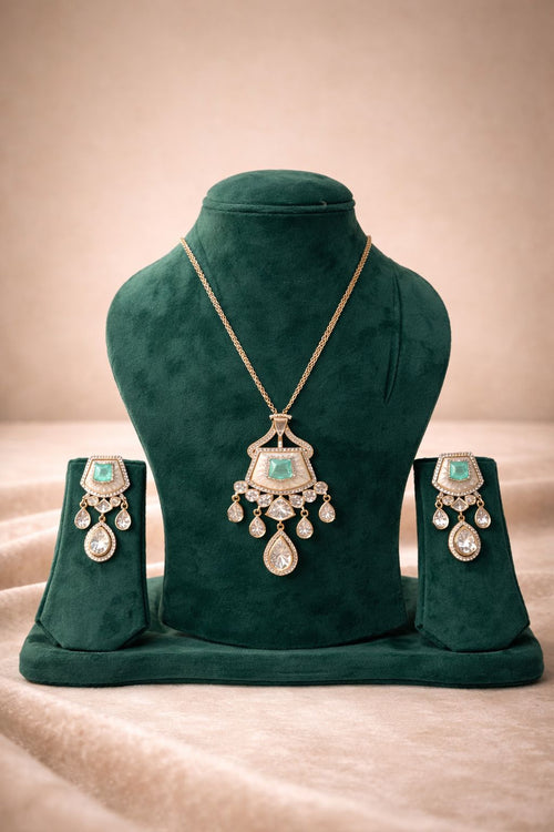 Celestia Sage Real Diamond Polki Look Pendant Set with Pastel Stone