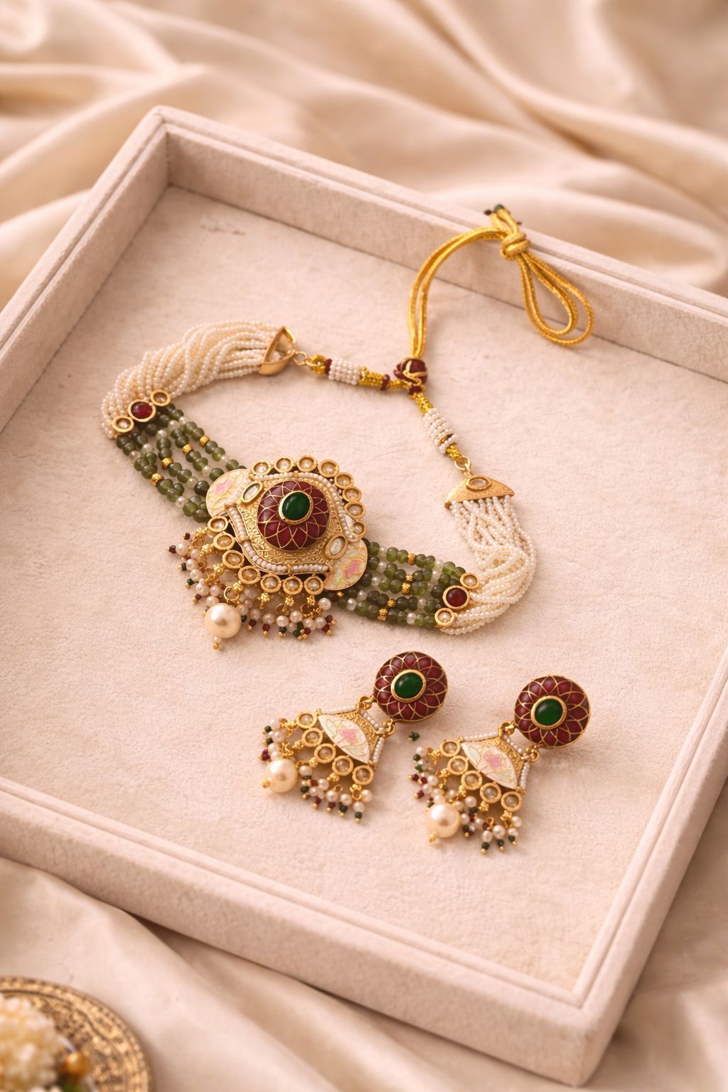 Ruhani Gulnaar Real Gold Finish Kundan Choker Set with Green Beads