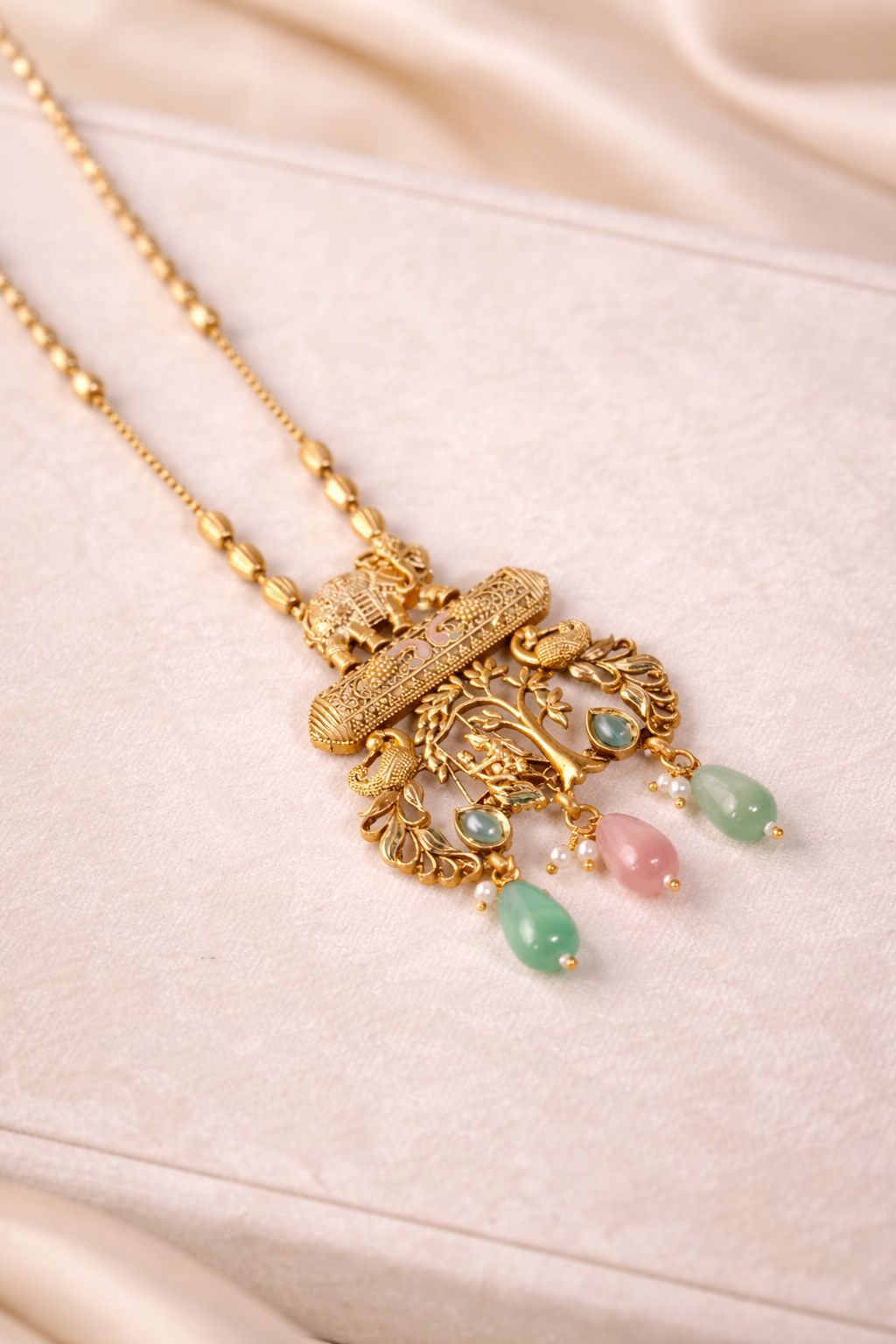 Vrindavan Viraasat Real Gold Finish Temple Necklace Set with Pastel Stone Drops