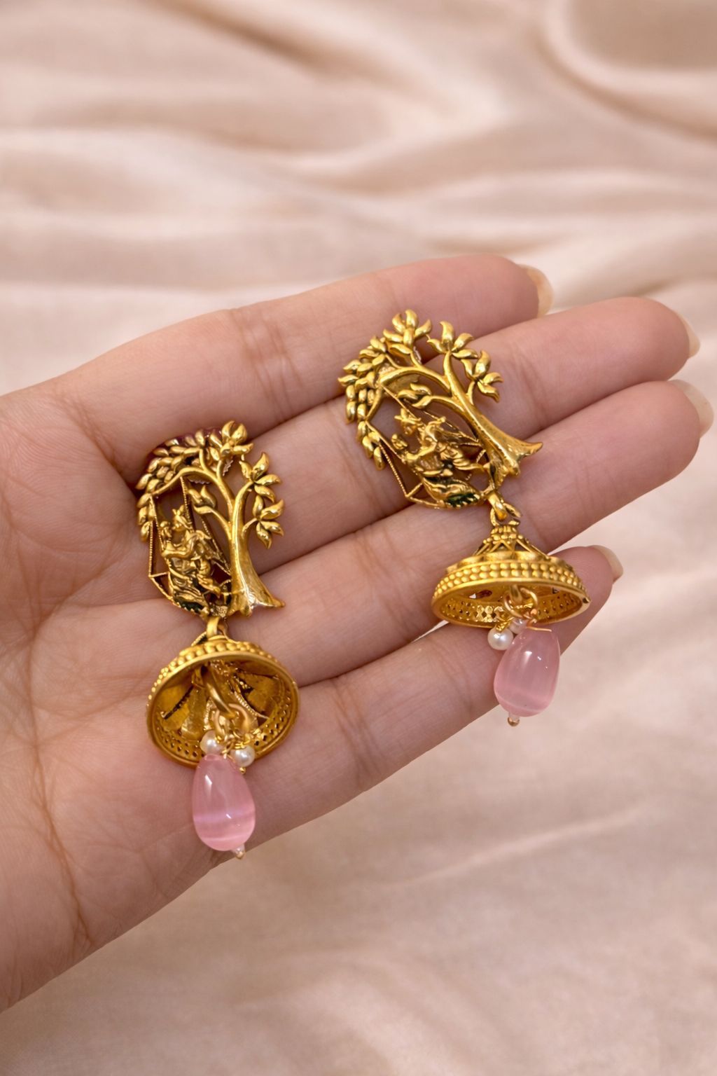 Vrindavan Viraasat Real Gold Finish Temple Necklace Set with Pastel Stone Drops