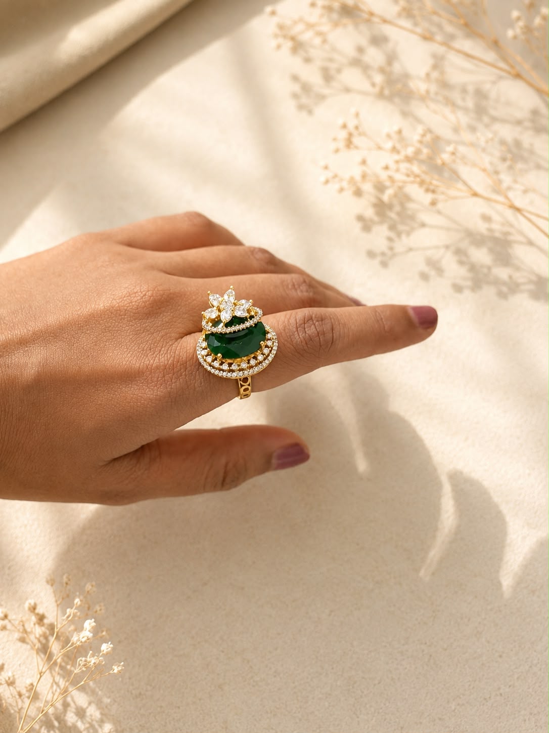 Royal Oval Stone Statement Ring – Green & Ruby AD Adjustable Ring