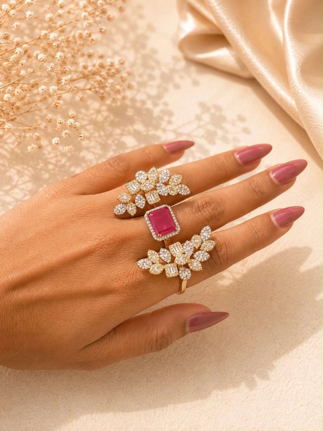 Emerald & Ruby Floral AD Statement Ring – Adjustable Cocktail Ring