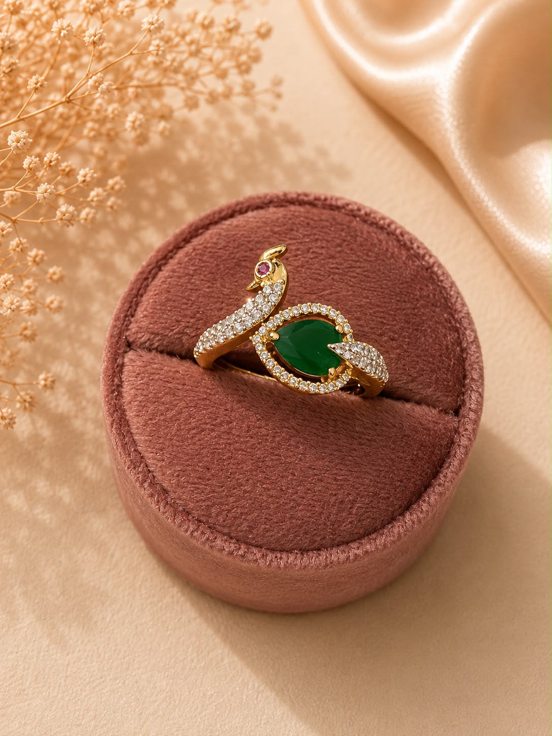 Peacock Ruby & Emerald AD Statement Ring – Adjustable Peacock Ring for Women