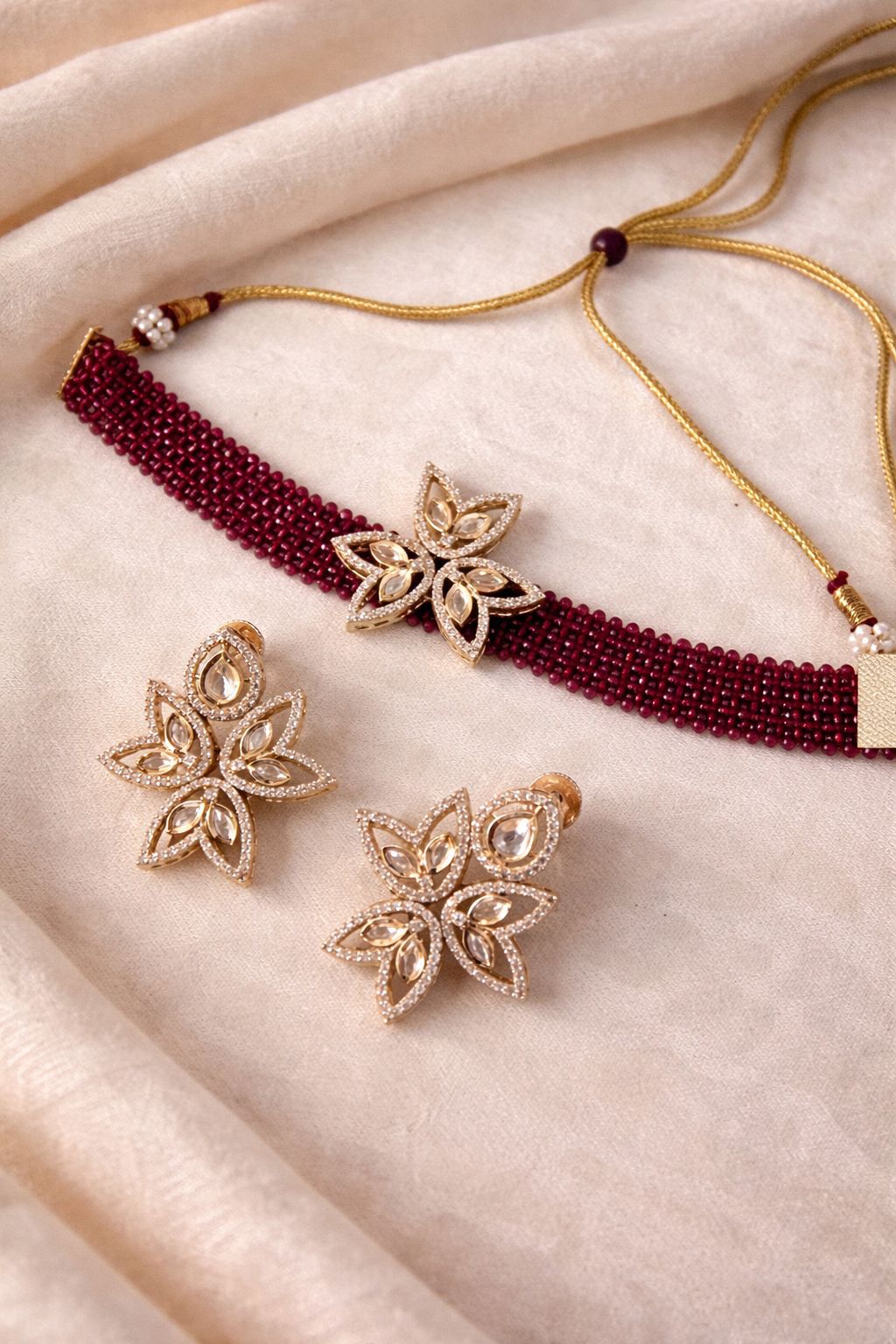 Ruby Petal Real Diamond Look Minimal Choker Set with Ruby Beads