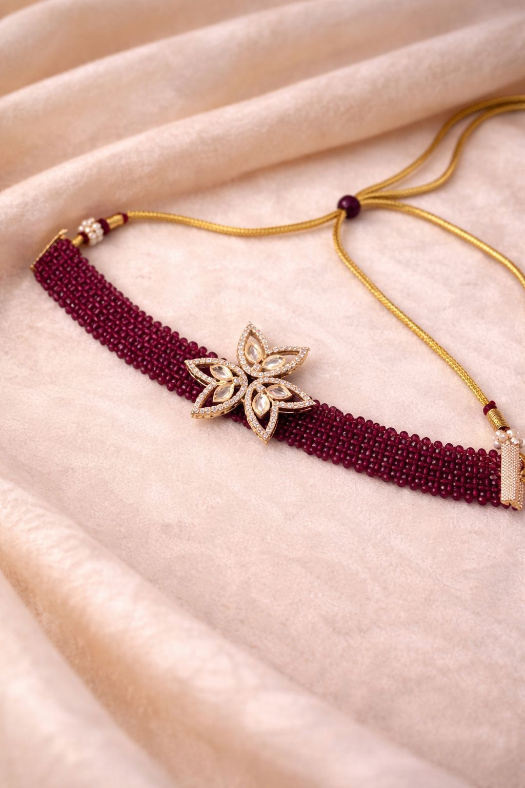 Ruby Petal Real Diamond Look Minimal Choker Set with Ruby Beads