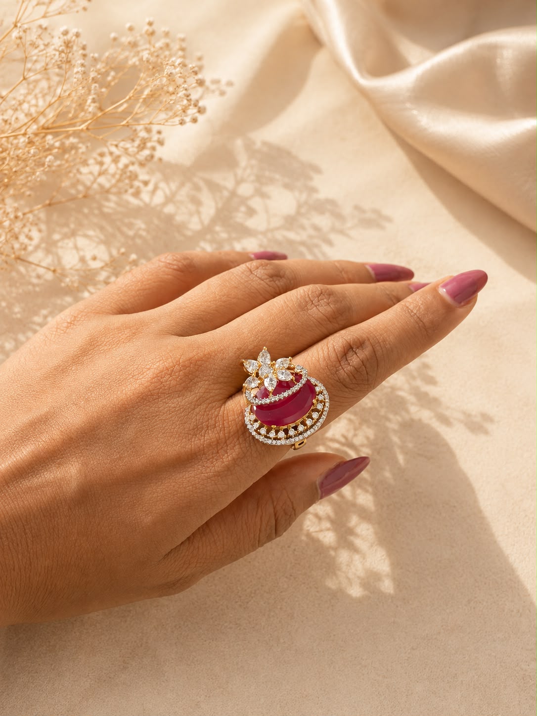 Royal Oval Stone Statement Ring – Green & Ruby AD Adjustable Ring