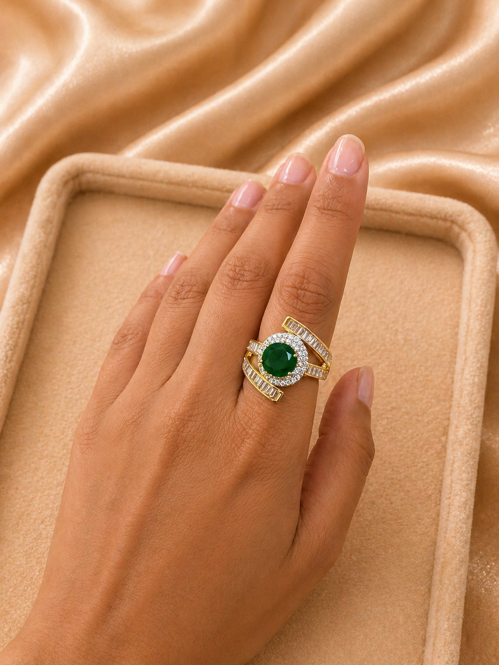 Adjustable emerald green statement ring with diamond look halo and baguette bands for cocktail and festive wear