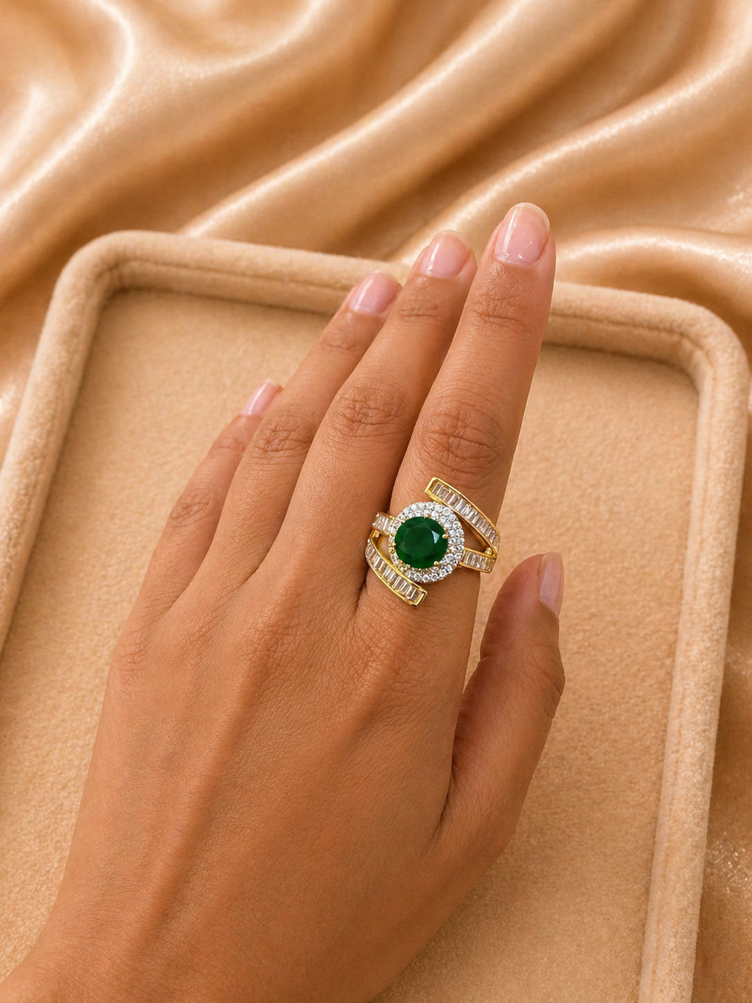 Adjustable emerald green statement ring with diamond look halo and baguette bands for cocktail and festive wear