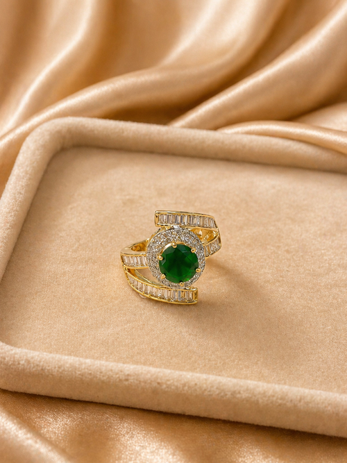 Adjustable emerald green statement ring with diamond look halo and baguette bands for cocktail and festive wear