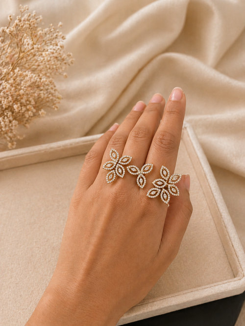 Adjustable floral diamond look open ring with dual flower design in gold finish