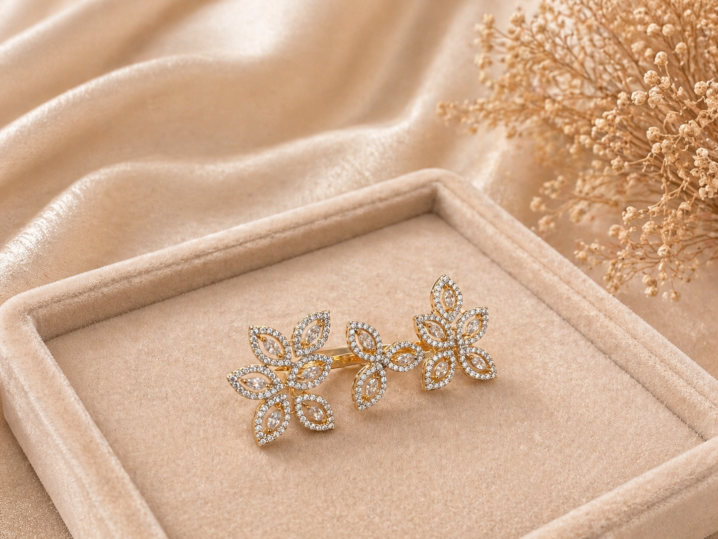 Adjustable floral diamond look open ring with dual flower design in gold finish