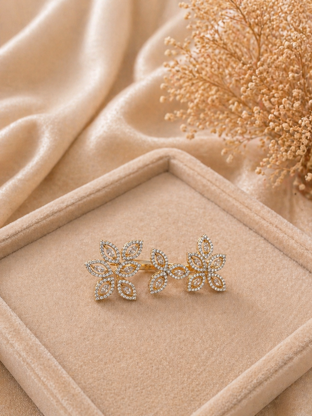 Adjustable floral diamond look open ring with dual flower design in gold finish