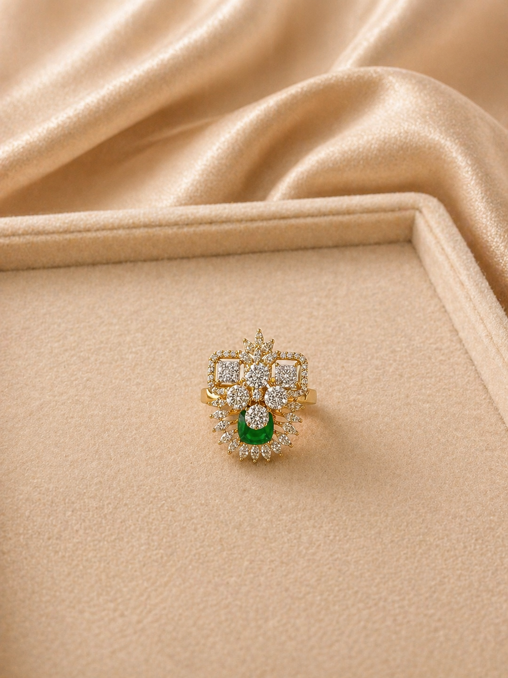 Adjustable green stone statement ring with geometric diamond design and floral halo detailing