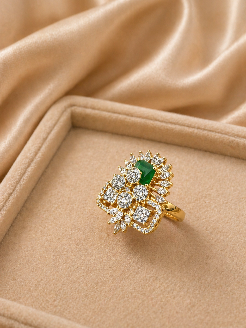 Adjustable green stone statement ring with geometric diamond design and floral halo detailing