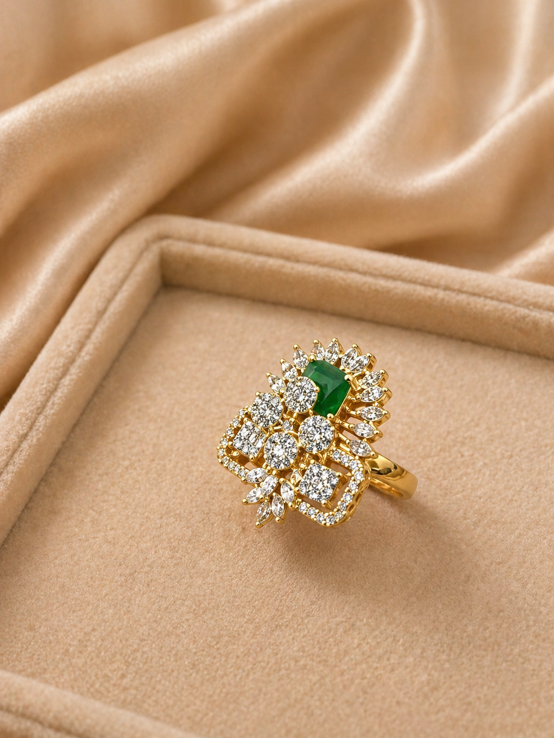 Adjustable green stone statement ring with geometric diamond design and floral halo detailing