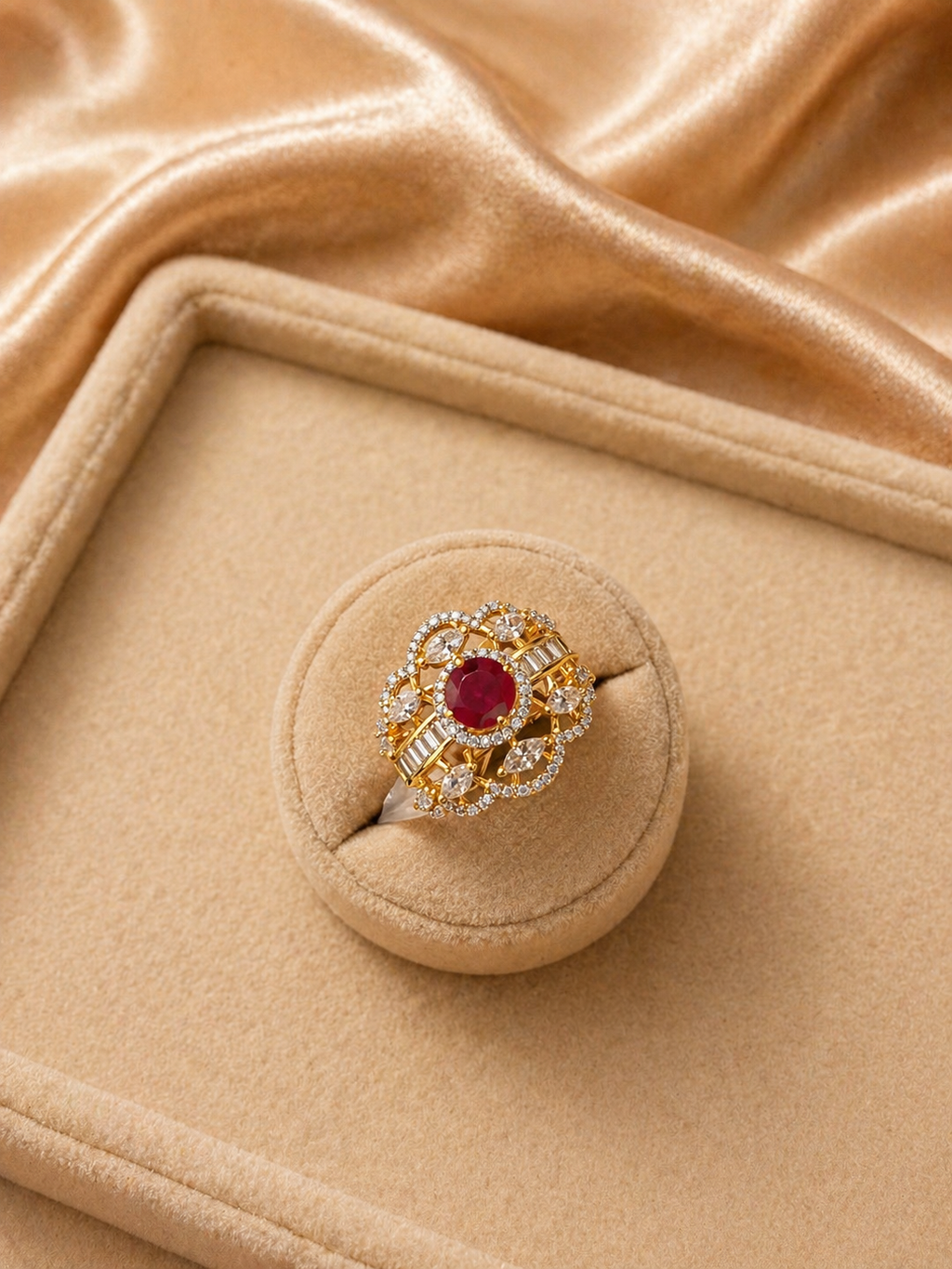 Adjustable ruby red floral statement ring with diamond look and baguette stones for wedding wear
