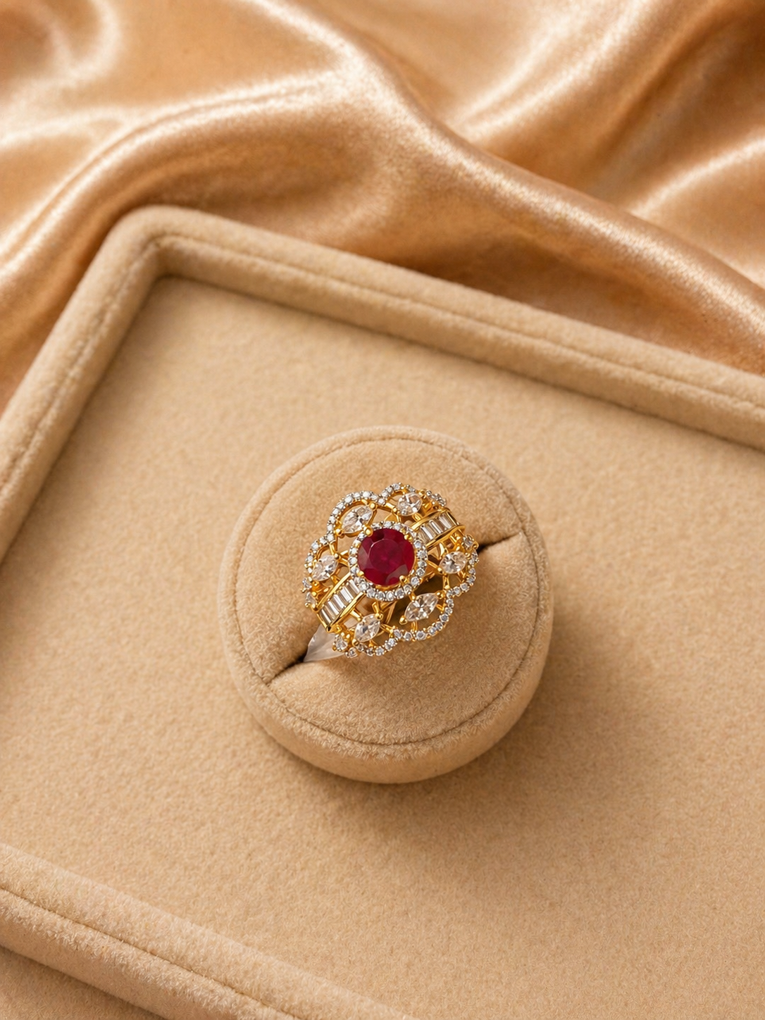 Adjustable ruby red floral statement ring with diamond look and baguette stones for wedding wear