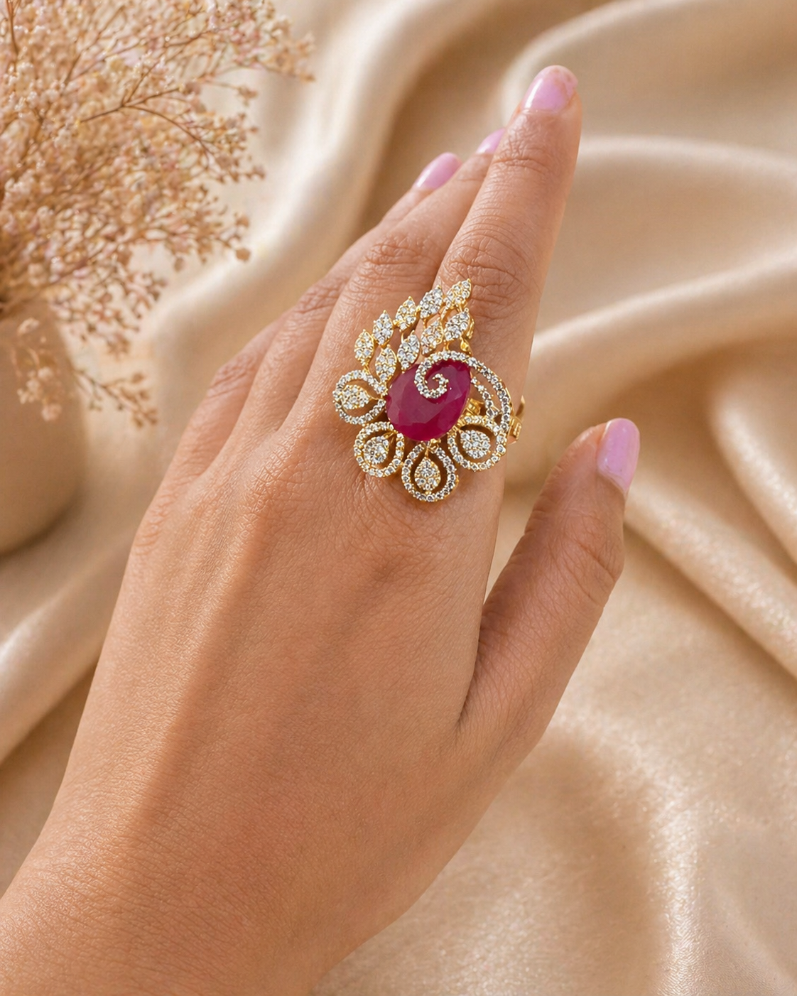 Adjustable ruby red floral statement ring with leaf motif and diamond look detailing