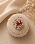 Adjustable ruby red floral statement ring with leaf motif and diamond look detailing