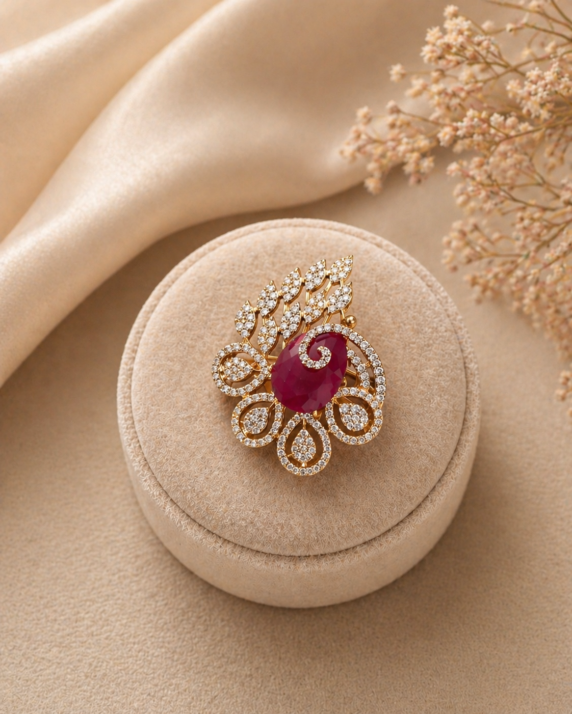 Adjustable ruby red floral statement ring with leaf motif and diamond look detailing