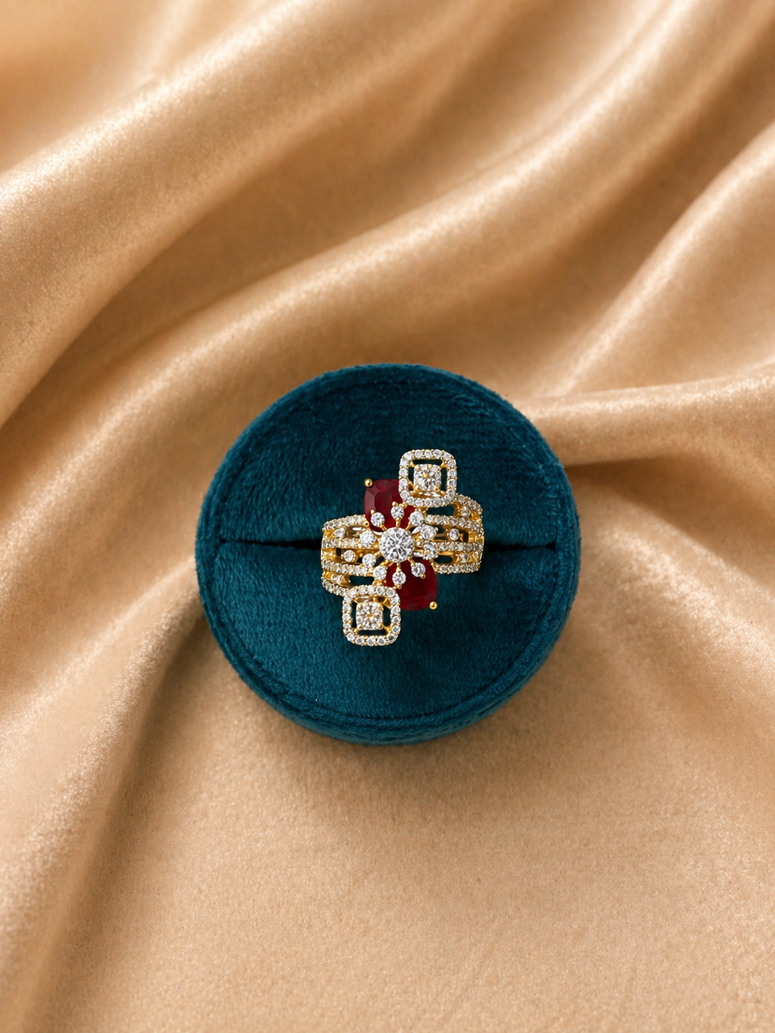 Adjustable ruby red statement ring with multi-shape diamond look design and wide band for festive and cocktail wear