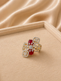 Adjustable ruby red statement ring with multi-shape diamond look design and wide band for festive and cocktail wear