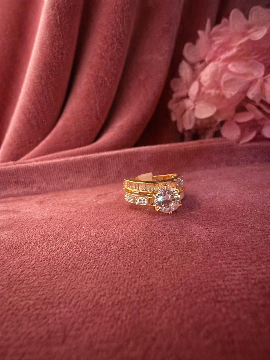 Adjustable solitaire bridal ring set with diamond look stacked bands for wedding and engagement wear