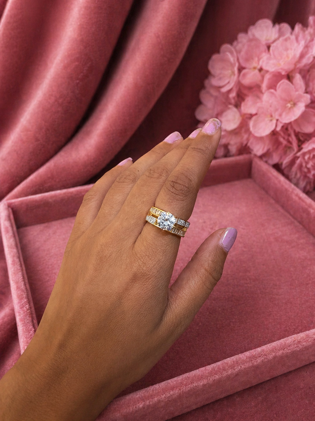 Adjustable solitaire bridal ring set with diamond look stacked bands for wedding and engagement wear