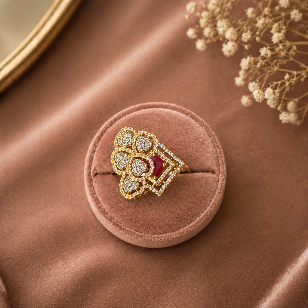 Adjustable statement ring with ruby accent and geometric floral diamond look design worn on hand