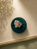 Adjustable statement ring with ruby accent and geometric floral diamond look design worn on hand