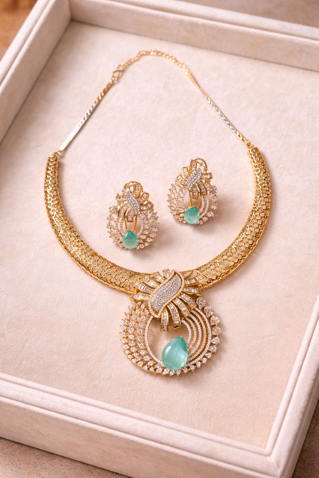 Real diamond look statement necklace set with aqua blue stone for wedding and festive wear