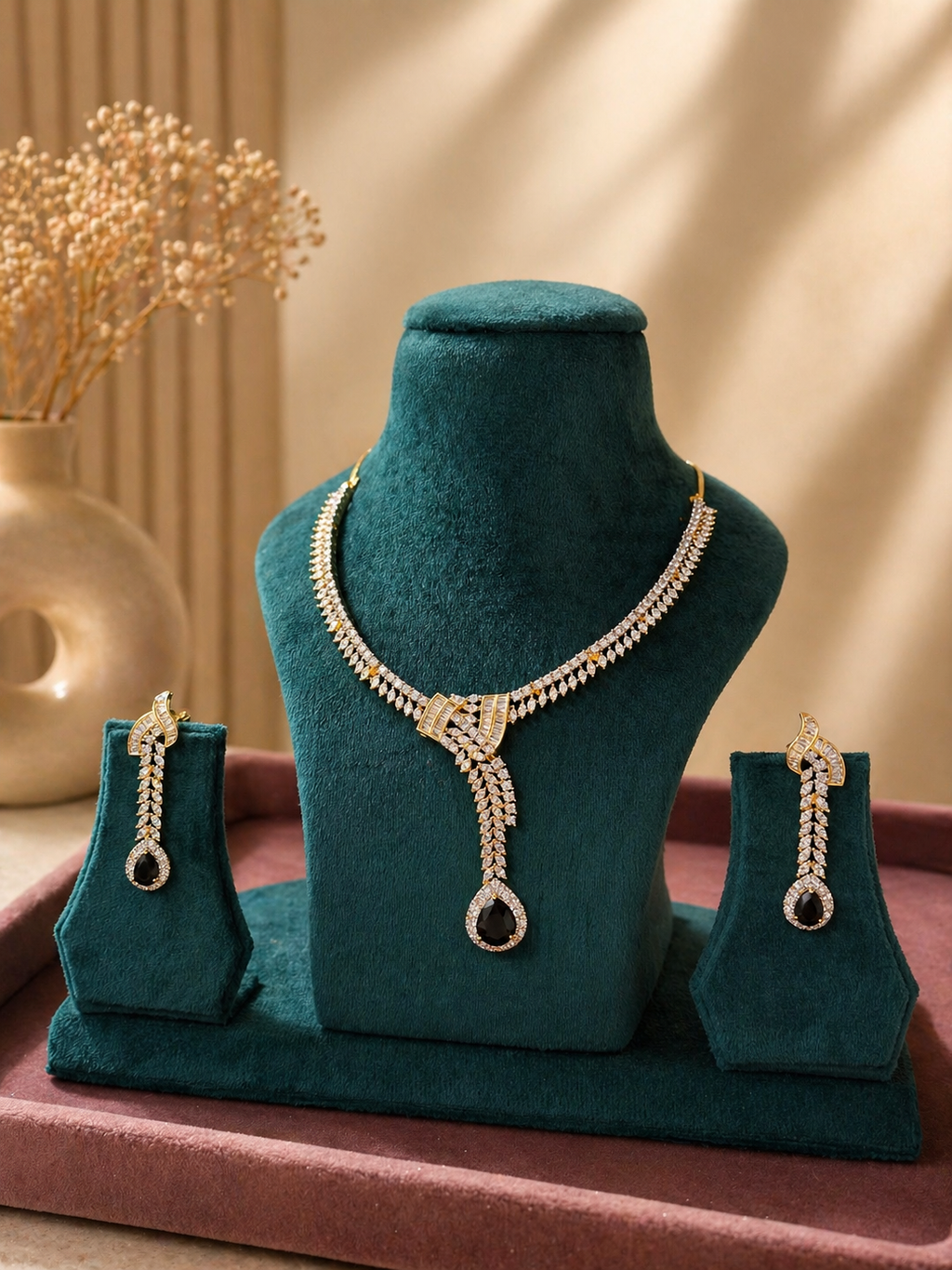 Real diamond look necklace set with black stone drop for evening and festive wear