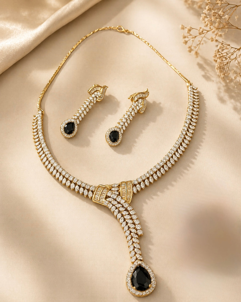 Real diamond look necklace set with black stone drop for evening and festive wear