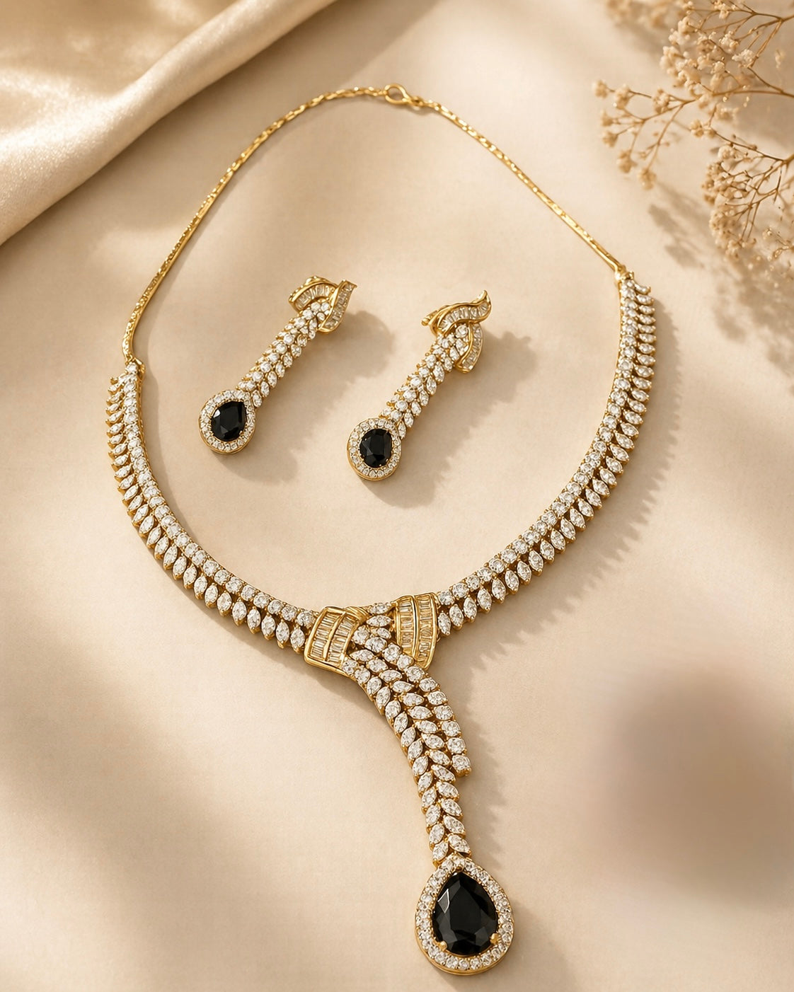 Real diamond look necklace set with black stone drop for evening and festive wear