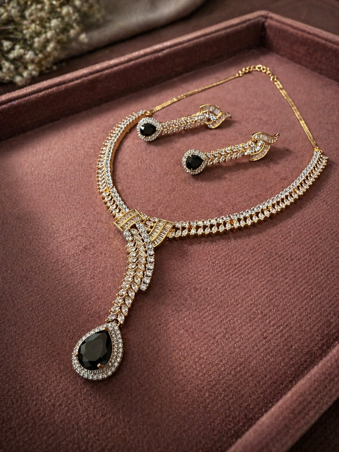 Real diamond look necklace set with black stone drop for evening and festive wear