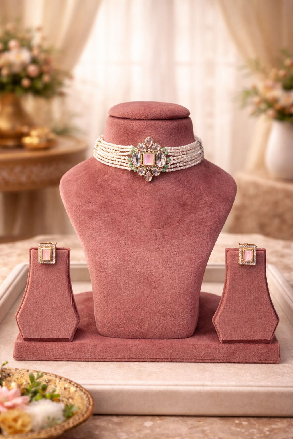 Real diamond look pearl choker set with blush stone centerpiece for wedding and festive wear
