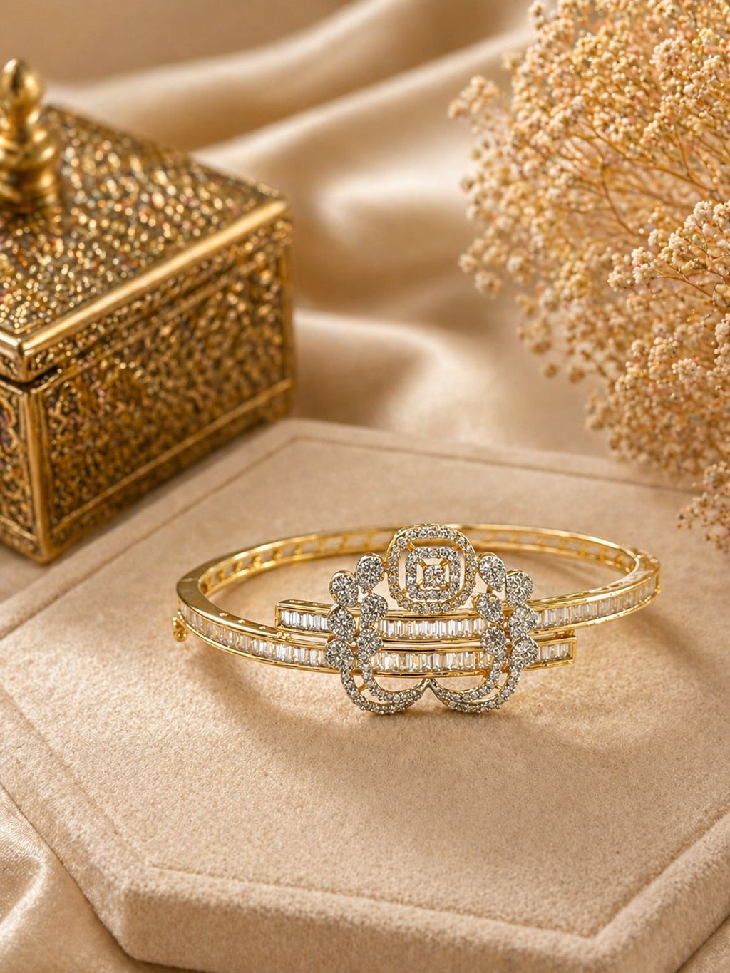 gold plated kada bracelet with diamond design motif and baguette zircon detailing